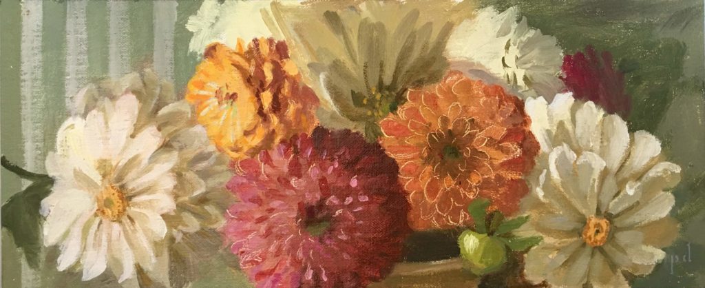 The Dahlia Caper oil painting copyright 2018 by Peter Dickison