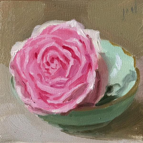 Pink Rose Green Bowl oil painting copyright 2017 Peter Dickison