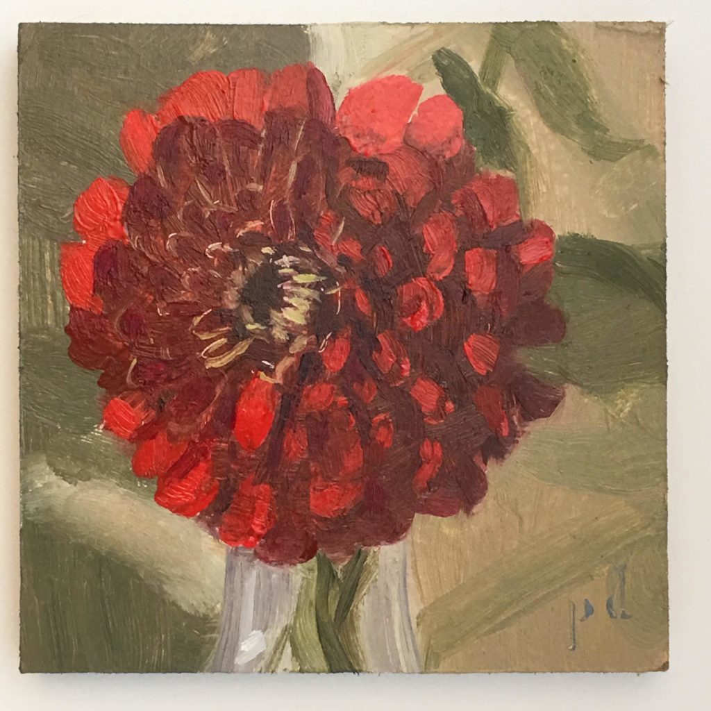 Red Pomegranate Zinnia oil painting by Peter Dickison