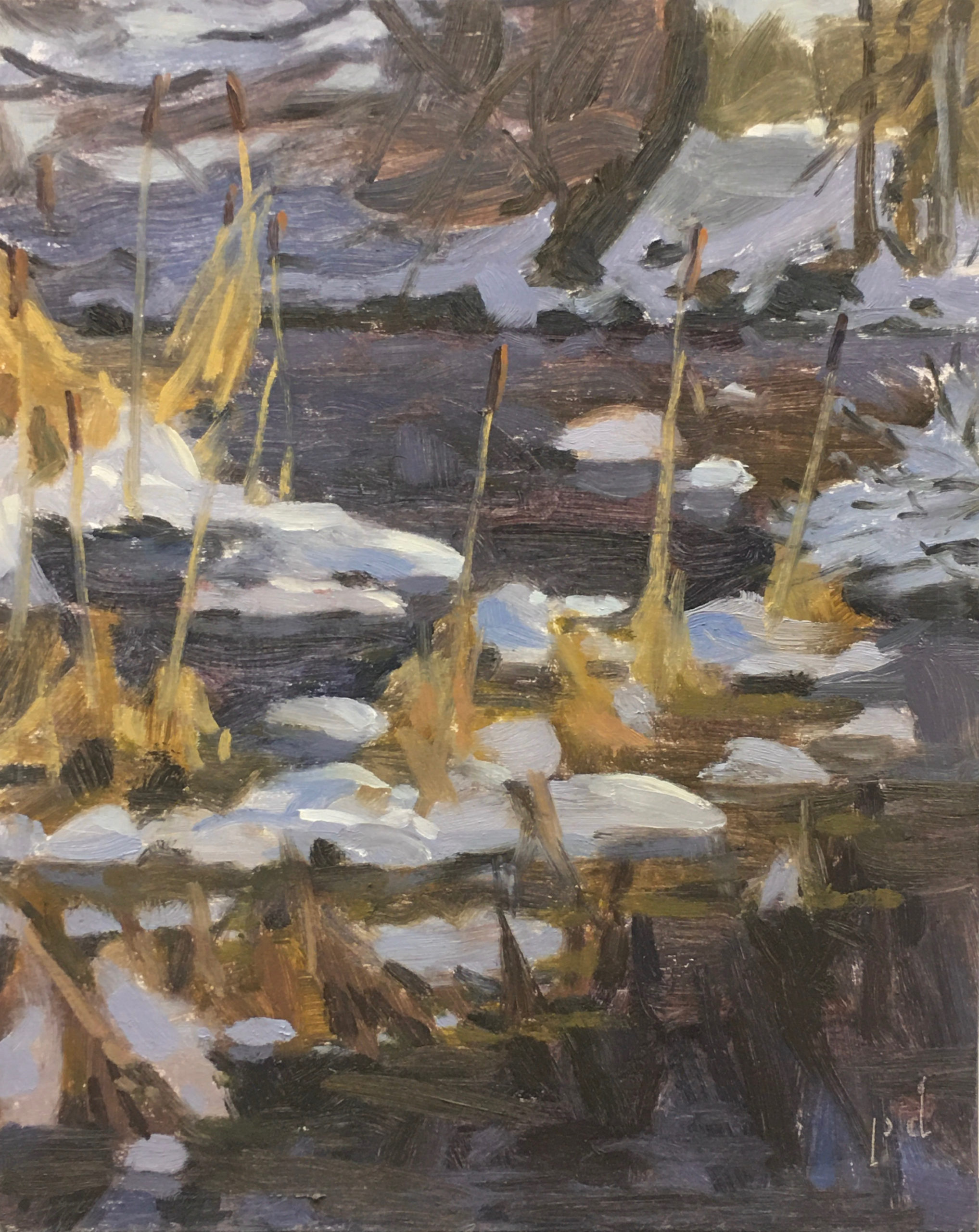 Snow and Pond oil painting copyright 2021 by Peter Dickison
